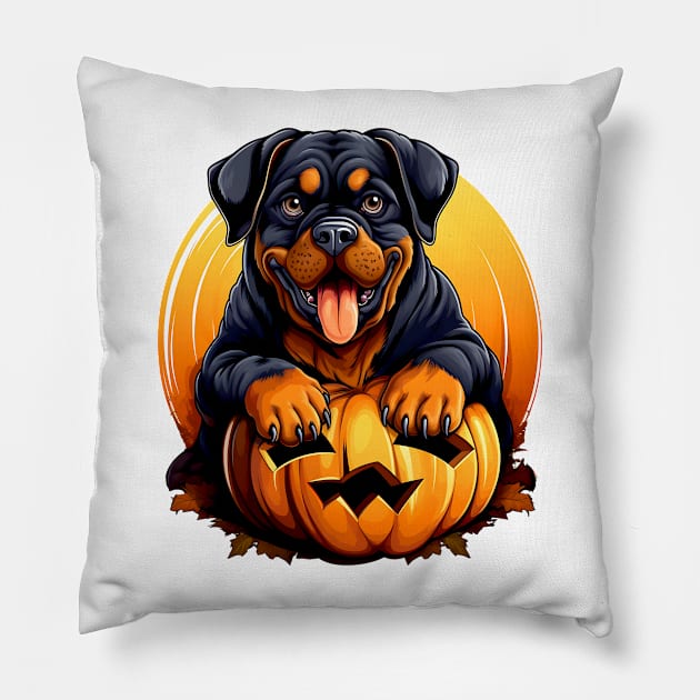 Rottweiler Dog inside Pumpkin #2 Pillow by Chromatic Fusion Studio