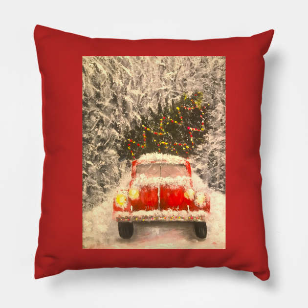 Chritmas tree in a red truck Pillow by Allison Prior Art