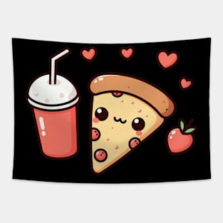 Pepperoni Pizza Slice with Milkshake and Hearts | Kawaii Style Food Art Tapestry