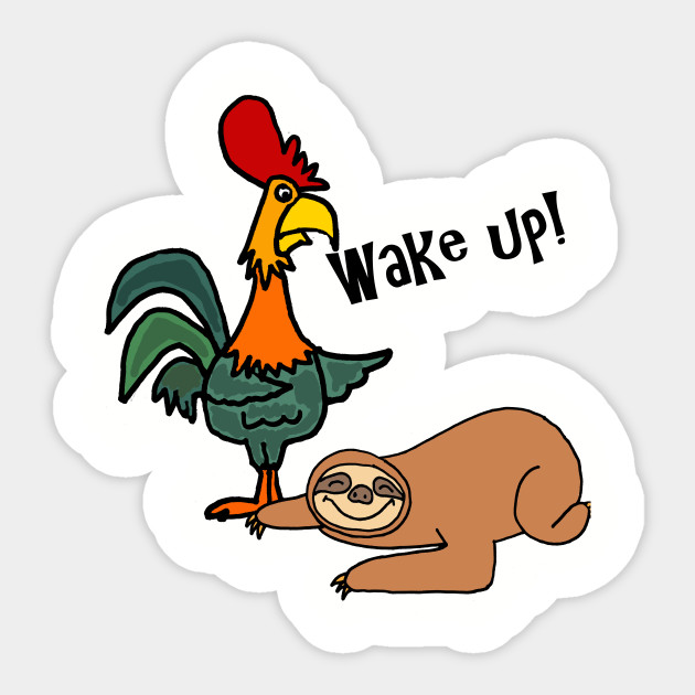Funny Rooster Waking Up Sloth Cartoon