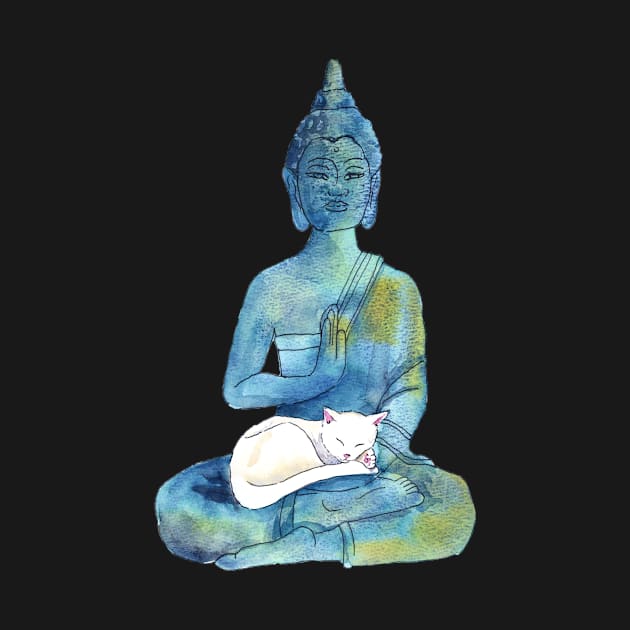 Watercolor Meditating Zen Buddha Statue with Sleepy Cat by venglehart