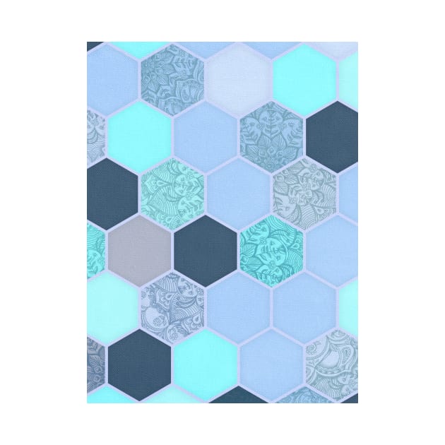 Denim Blue, Aqua & Indigo Hexagon Doodle Pattern by micklyn