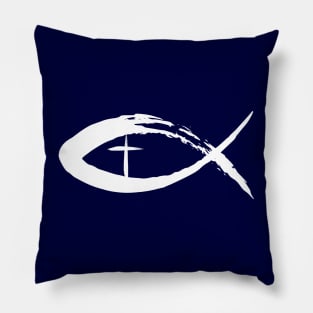 Painted Cross and Fish Christian Design - White Pillow