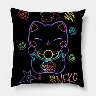 Neon Neko (1) - Cute neon light Japanese beckoning cats to bring you good luck Pillow