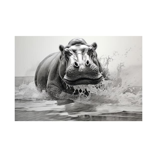 Hippopotamus Animal Predator Wild Nature Ink Sketch Style by Cubebox