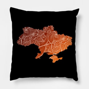 Colorful mandala art map of Ukraine with text in brown and orange Pillow