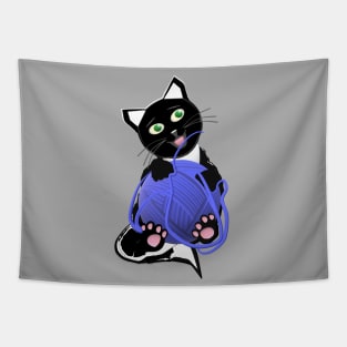 Funny and Cute Tuxedo Cat with a Big Ball of Yarn Tapestry