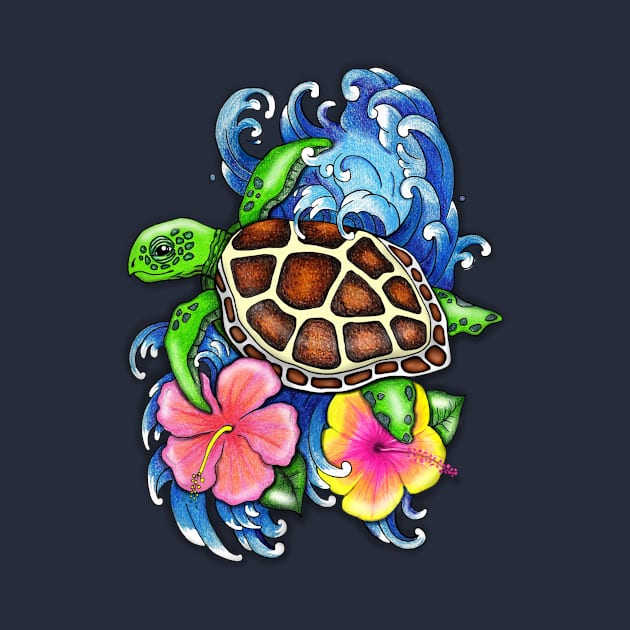 Tropical Sea Turtle and Hibiscus by SandraGale Art