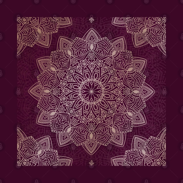 Beautiful hand drawn soft gold mandala on burgundy by misentangled