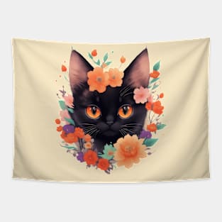 Midnight Meow: Cute Black Kitten and Vintage Floral Charm Tapestry