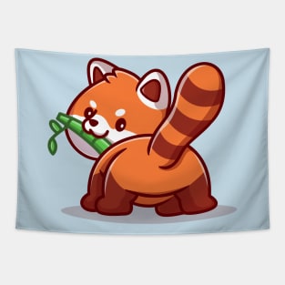 Cute Red Panda Eating Bamboo Cartoon Tapestry