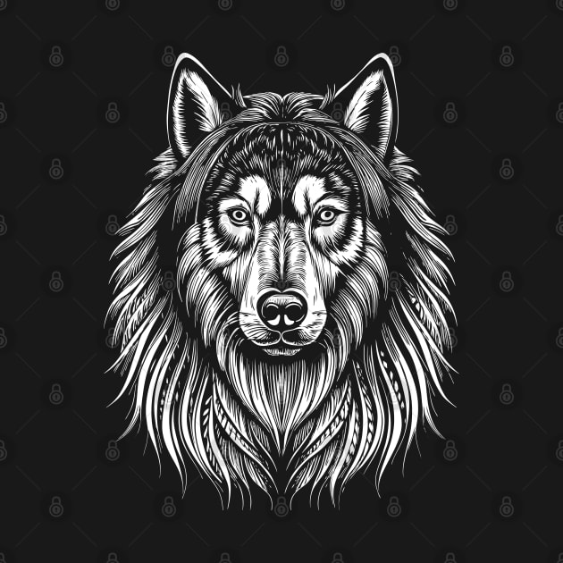 Alaskan Malamute Dog Portrait/Face White on Black by Ravenglow