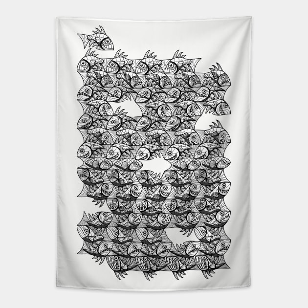 Fish black and white drawing pattern Escher Style Tapestry by Maxsomma