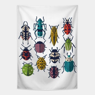 These don't bug me // spot // white background green yellow neon red orange pink blue and black and ivory retro paper cut beetles and insects Tapestry