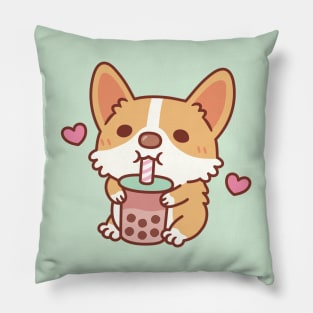 Cute Corgi Loves Drinking Bubble Tea Pillow