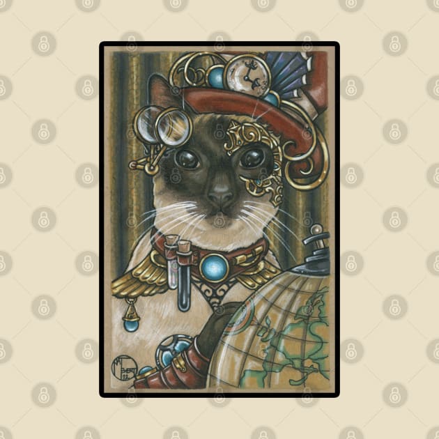 Steampunk Cat Traveler - Siamese Cat - Black Outlined Version by Nat Ewert Art