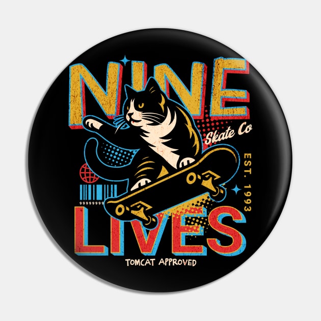 Retro Nine Lives Skate Co // Funny Skateboarding Cat Pin by SLAG_Creative