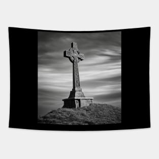 Celtic Cross on a Hill under a Cloudy, stormy sky in Black and Gray. Tapestry