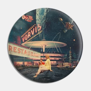 a couple having fun on a surreal retro futuristic landscape of another planet with retro 1960s vibe. Pin