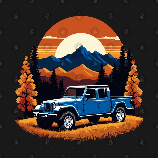 Jeep Gladiator Fall Mountain Scene With Retro Sunset by SunGraphicsLab