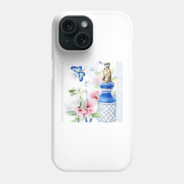 Chinoiserie watercolor with meerkat, flowers and butterflies Phone Case by SophieClimaArt