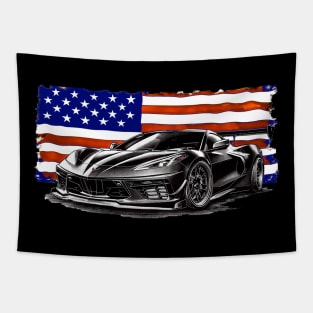 Black C8 Corvette Fourth of July American Flag Supercar Racecar Muscle Car Sportscar July 4th Carbon Flash Corvette C8 Tapestry