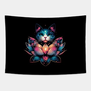 Colorful Abstract Cosmic Cat in Lotus Flower Tapestry