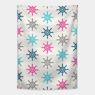 Nautical Wheel Pattern Pink Blue Grey Tapestry