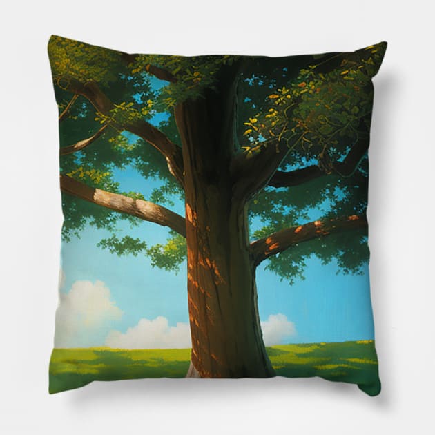 Oak Tree in a Serene Meadow Pillow by CursedContent