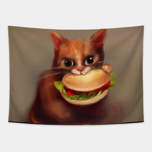 Cat eating Burger Tapestry