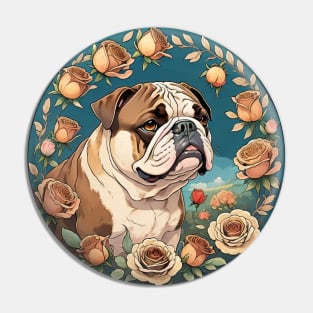 English Bulldog With Rose Wreath Pin