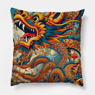 a vibrant and dynamic scene of a traditional Chinese dragon winding its way through a festive parade. Pillow