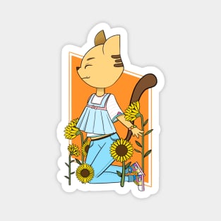 Cartoon anthropomorphic cat in sunflower patch Magnet