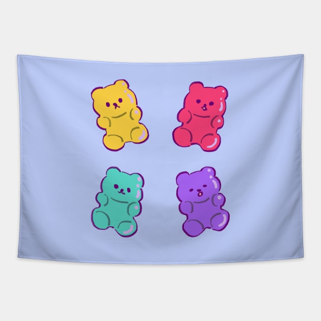 4 colorful cute neon gummy bears with different moods Tapestry by mudwizard