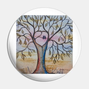 Birds in a Gold Heart Tree Pin