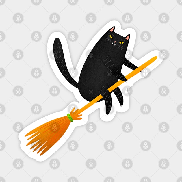 The witch cat is flying on a broom Magnet by Julia Gosteva