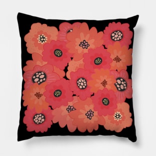 Fun , warm flowerpower pattern in 1970-style, orange, red, pink, black, peach Pillow