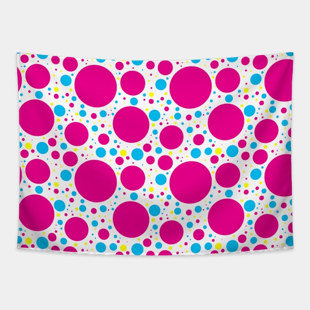 Pink, Blue and Yellow Dots on White Pattern Tapestry by bumblefuzzies