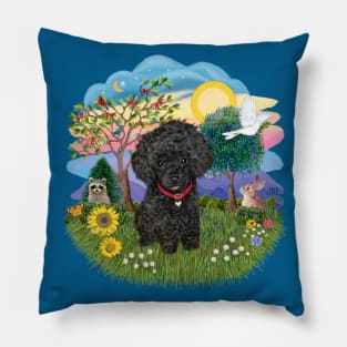 A Scenic Meadow With a Fluffy Black Toy Poodle Pillow