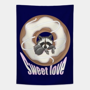 Sweet Love Cute raccoon and Yummy donut White Tapestry