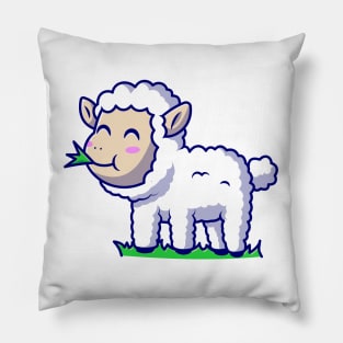 Cute Sheep Eating Grass Cartoon Vector Icon Illustration Pillow