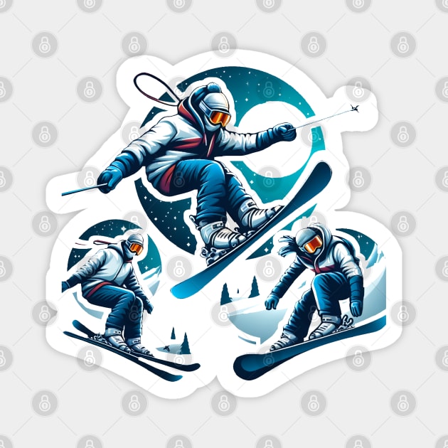 Snowy Thrill: Dynamic Winter Pursuits of Snowboarders and Skiers in White, Red, Yellow, Black, Blue, and Orange Magnet by PopArtyParty