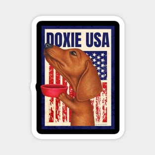 Doxie red white and blue patriot Dachshund with Red Bowl USA Magnet