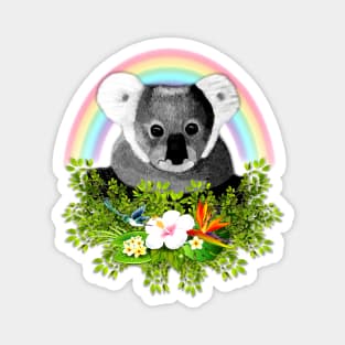 Cute Koala with Flowers, Rainbow and Hummingbird Magnet