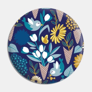 Midsummer I scream flower cones // pattern // navy blue background blue teal and yellow flowers bouquets Pin