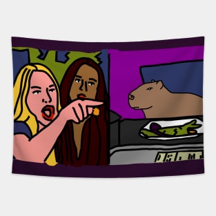 Capybara and Woman Yelling at Cat Funny Memes Tapestry