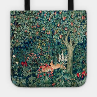 GREENERY, FOREST ANIMALS Hares Blue Green Red Floral Tapestry Tote