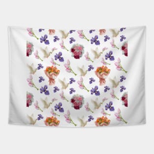 Bouquet flowers, flying white dove and blooming flowers Tapestry