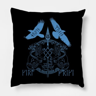 Odin Spear Viking Wolf Raven Gungnir Runes Blue Pillow