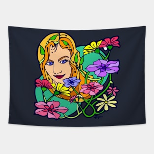 Colored Flowers and Young Woman Tapestry